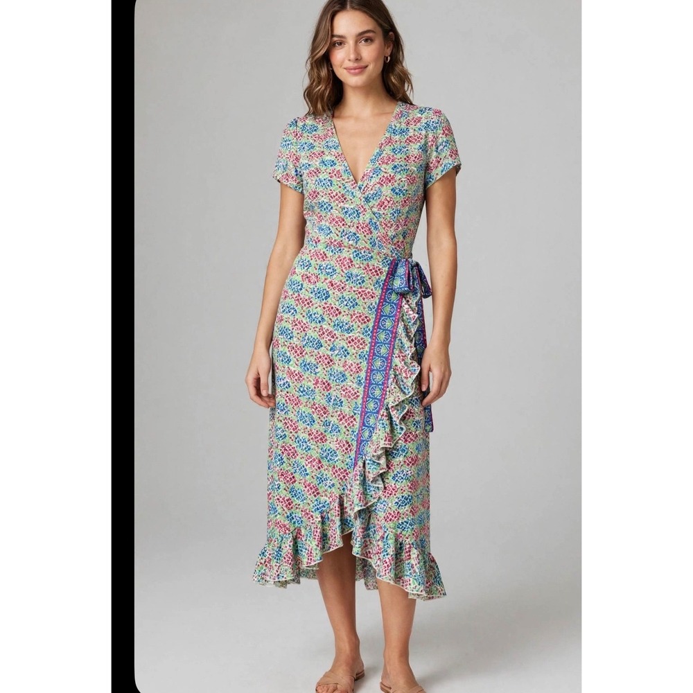 Karma Highway Women Multi Color Floral Ruffle Wrap Midi Dress OS NWT